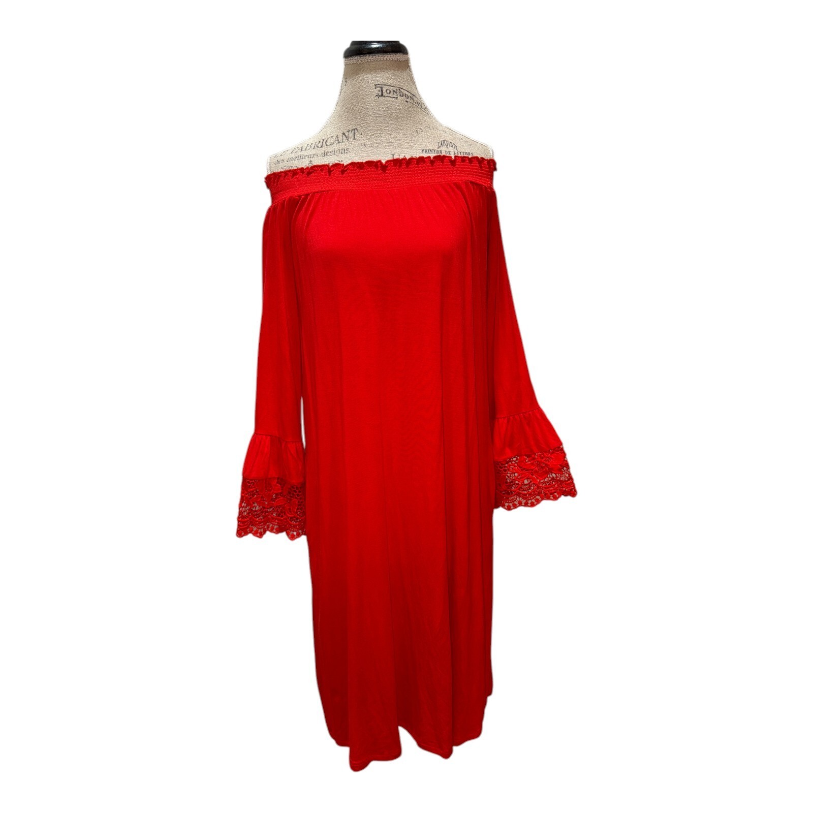 Oso Casuals Red Off The Shoulder Bell Crochet Sleeve Dress w/ Pockets Women’s M