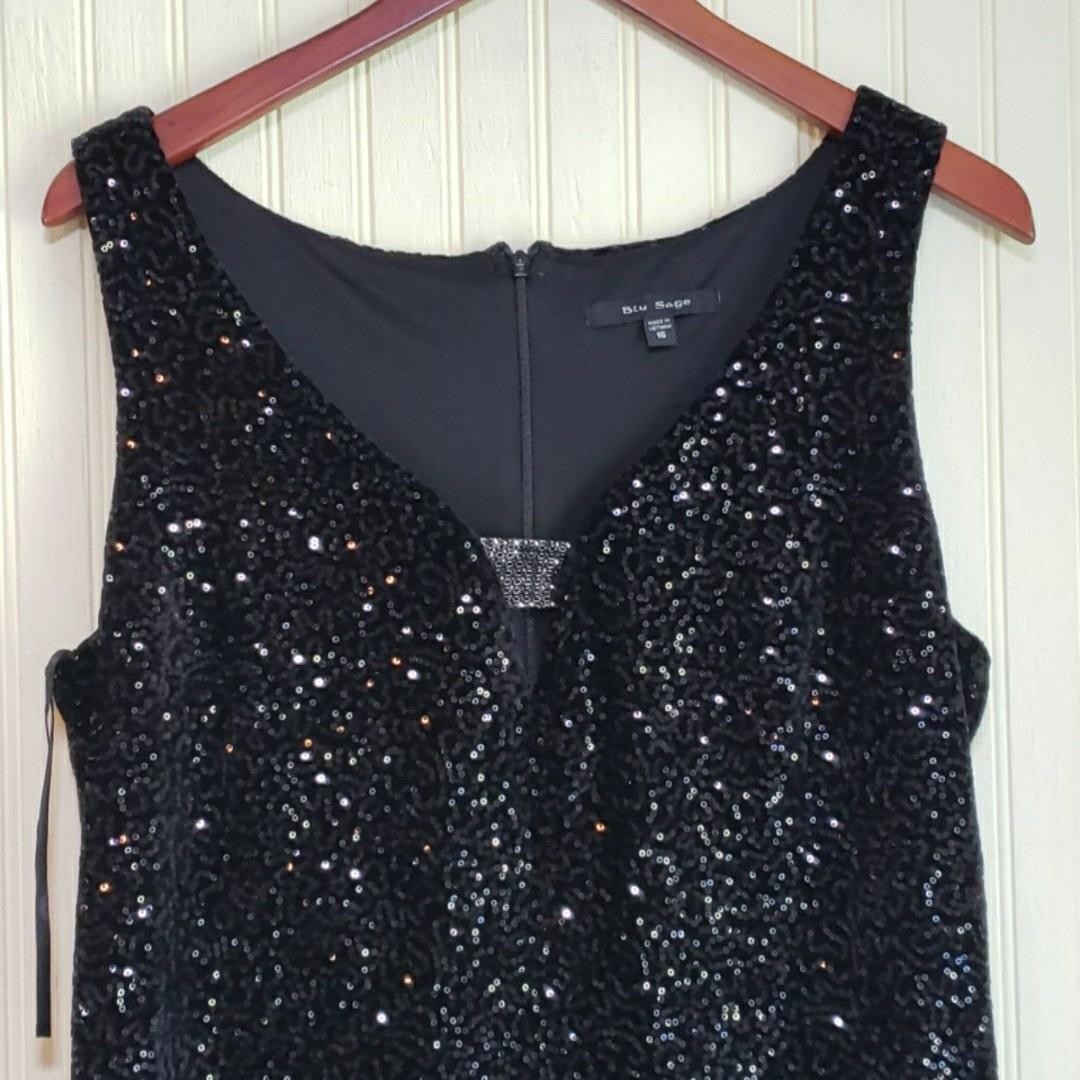 Blu Sage Dress Womens 16 Black Sequin Sleeveless V Neck Sheath Knee Length