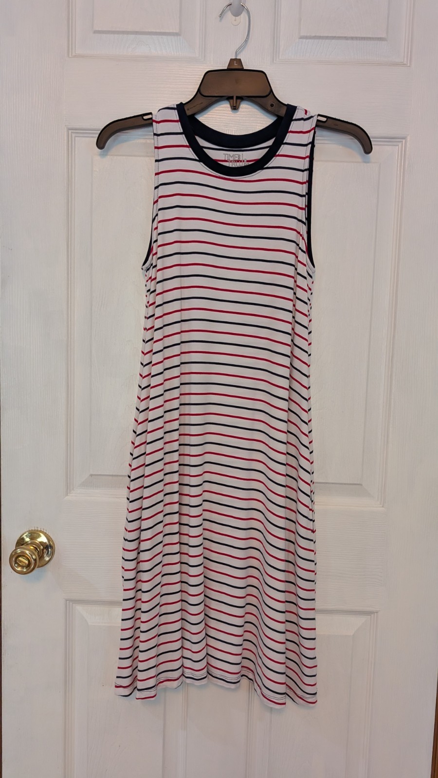 Time and Tru Sleeveless A-line Soft Dress White Red Navy Thin Stripes S 4-6 NWOT