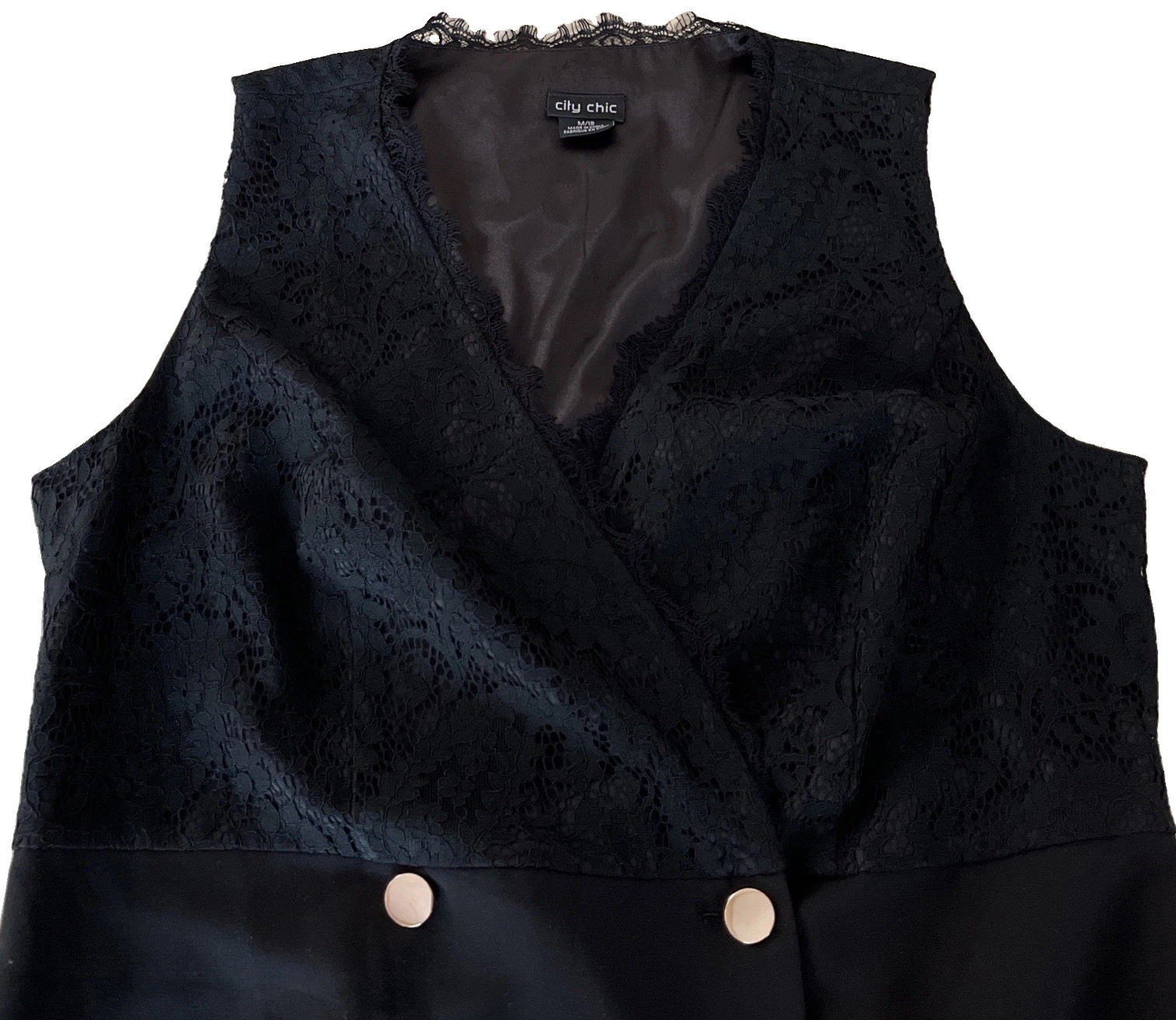 City Chic Button Up Double-Breasted Lace Blazer Dress Sz M 18 Black Sleeveless