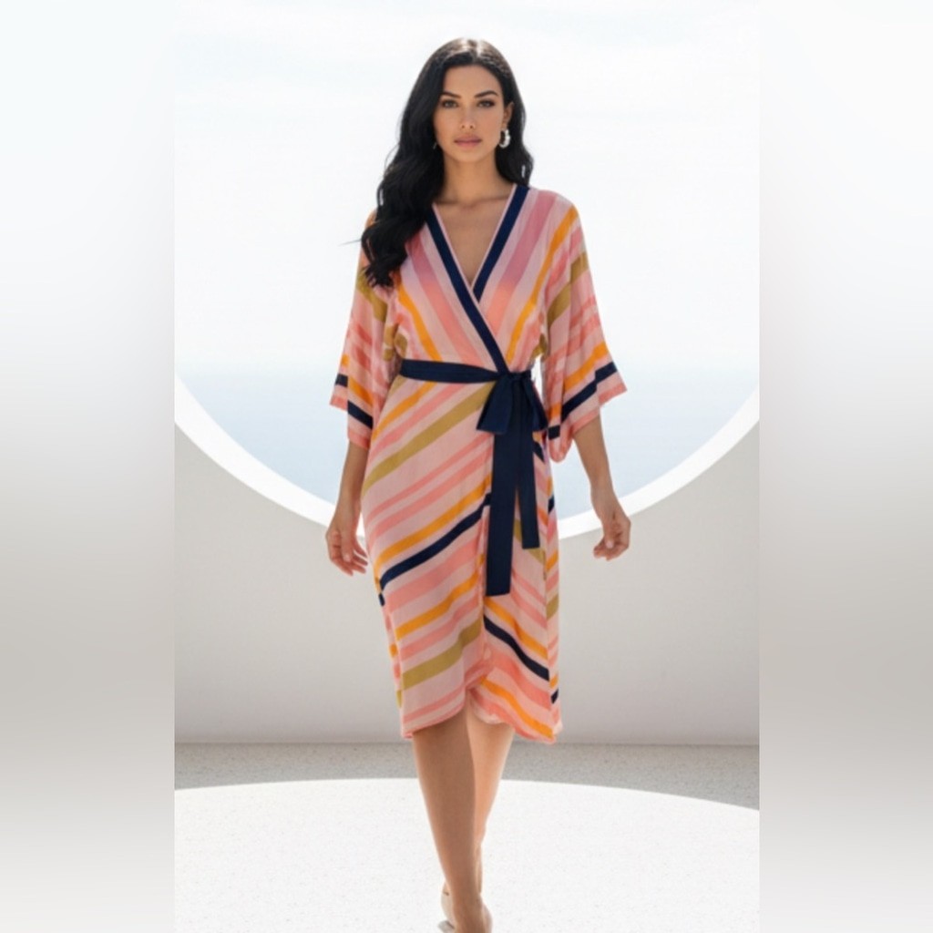 Trina Turk Peach Multicolor Striped Wrap Dress 16