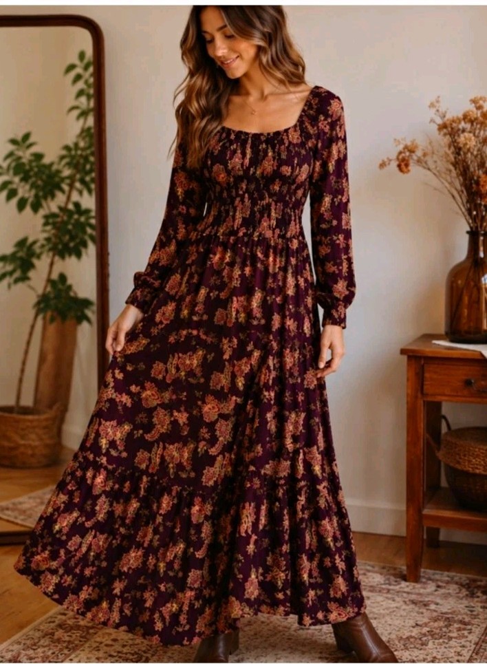 Wonderly Plum Burgundy Floral Smocked Maxi Dress L Boho Peasant Tiered Hem EUC