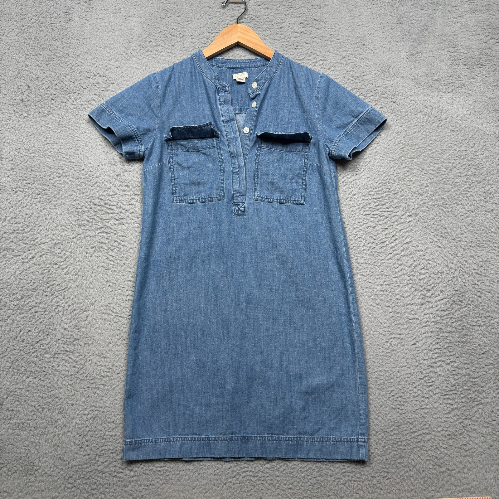 J Crew Chambray Denim Mini Shirt Dress Womens Size 2 Short Sleeve Blue Cotton