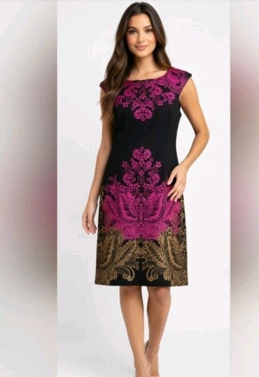 London Times Black Dress with Pink and Gold Floral Design