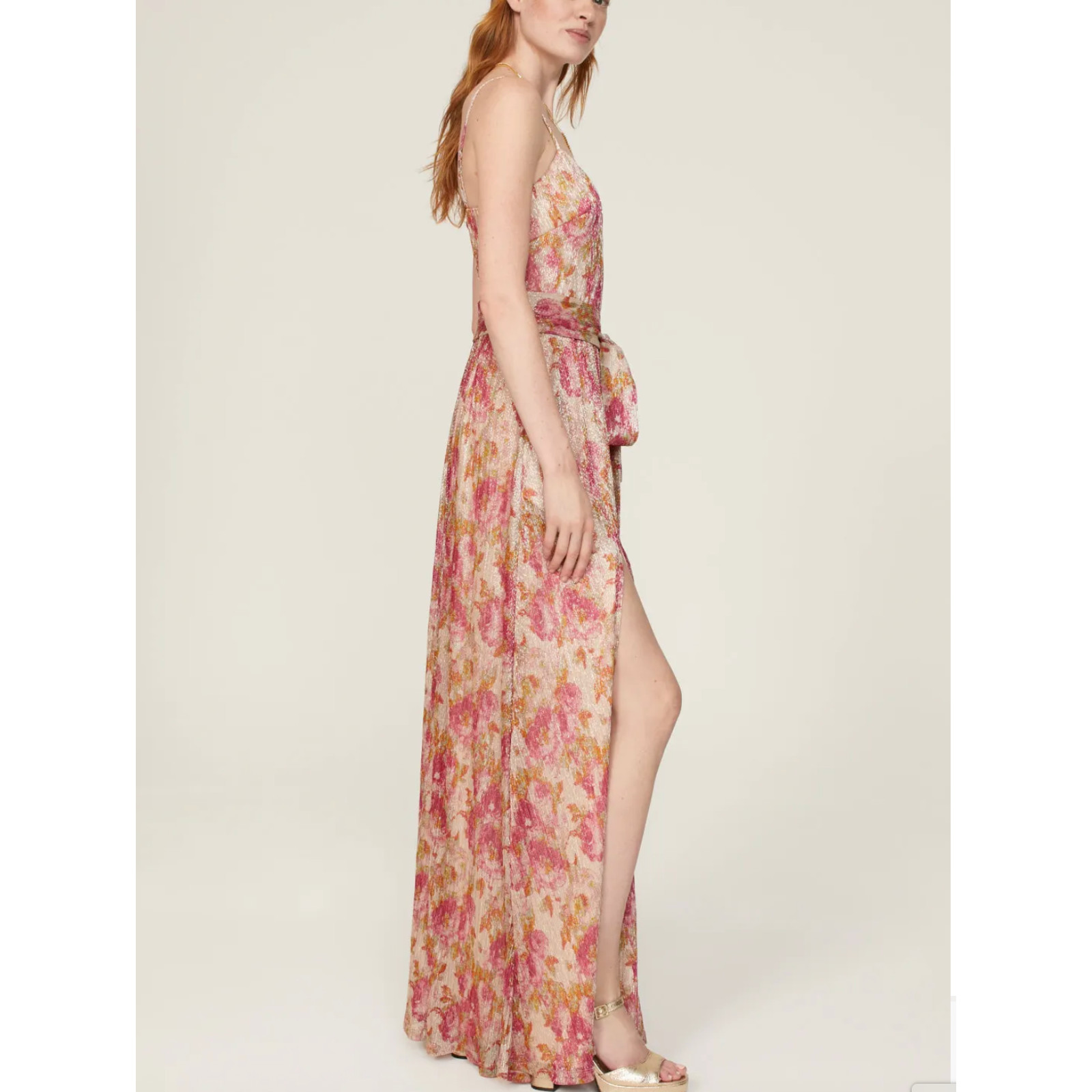 Dress the Population Floral Pleated Maxi Dress XS Metallic Plisse Slip Gown $268