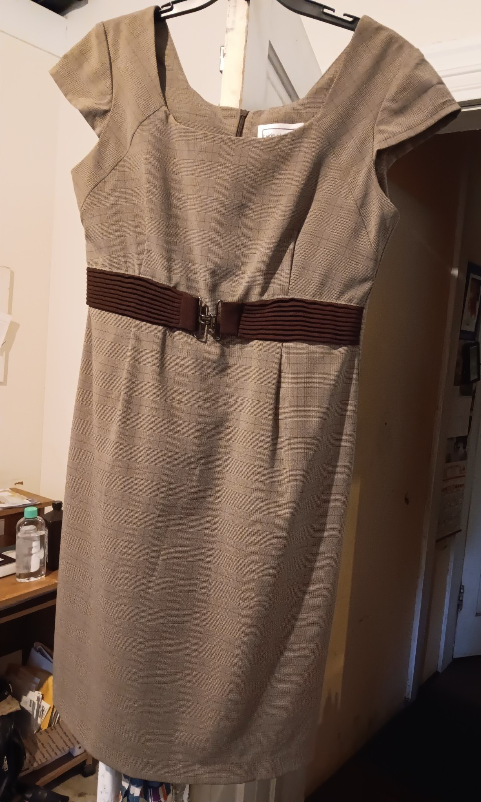 Karin Stevens dress 10 pin stripe plaid dark front belt/ 36 chest /40 in. Long