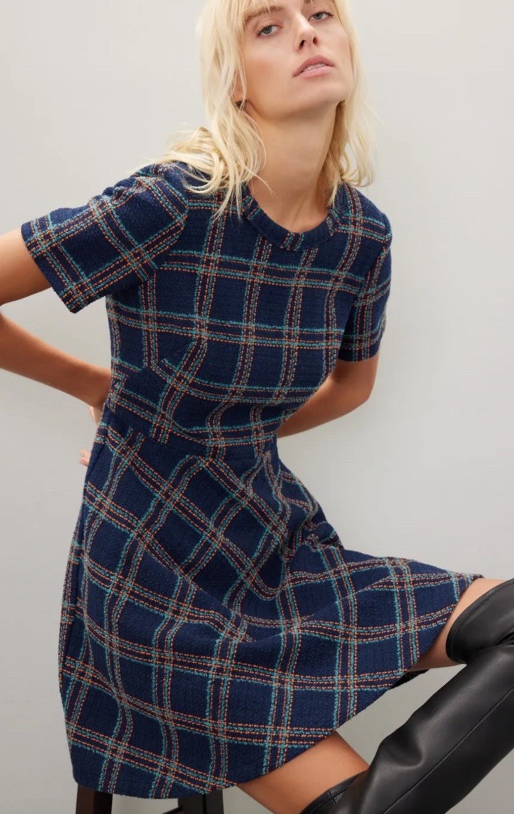 Shoshanna Lana plaid tweed dress navy 8 preppy tweed
