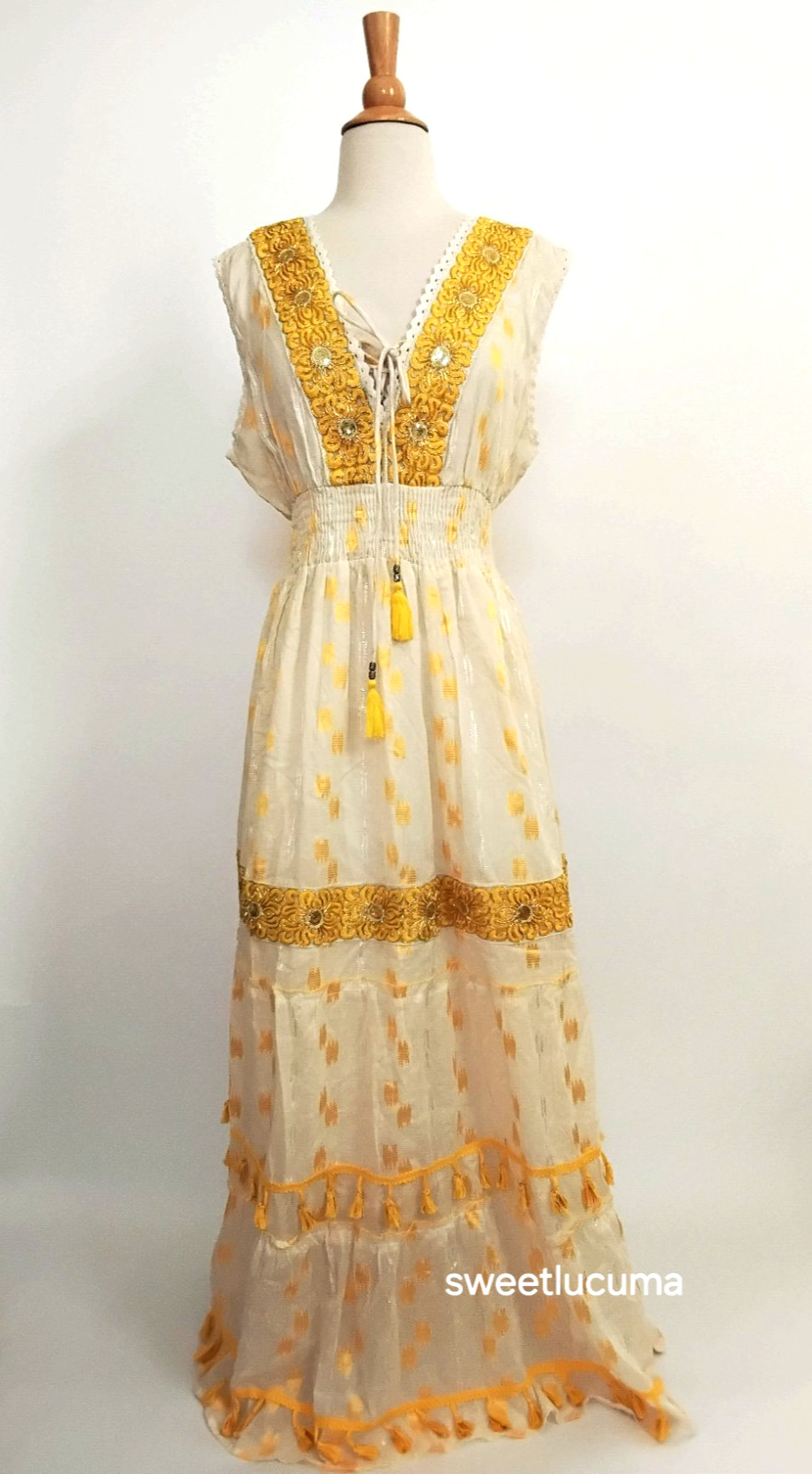 NWT Me 2 Magic Anthropologie Maxi Dress 1X Cream Yellow Gold Embroidered Boho