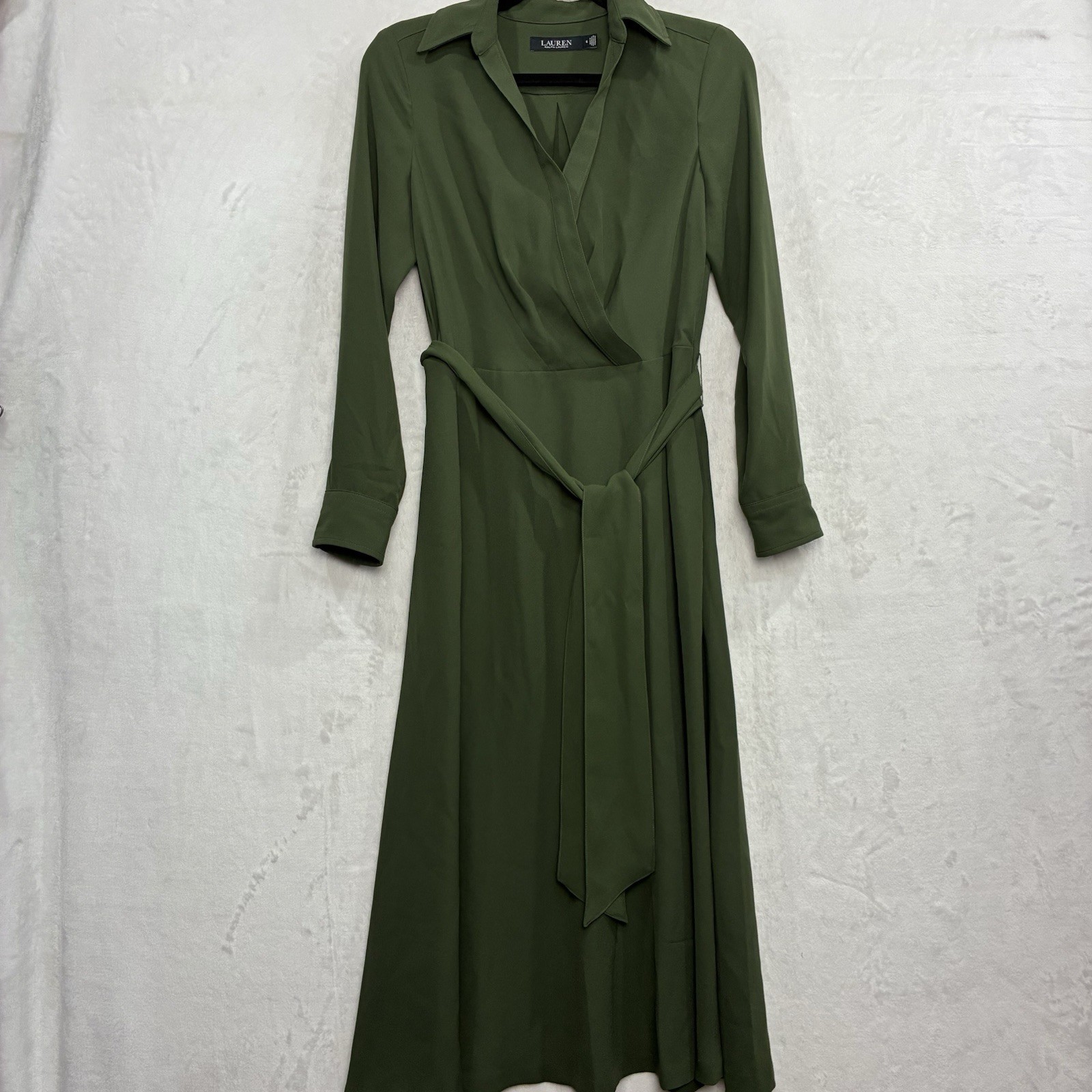 Ralph Lauren Belted Long Sleeve Surplice Georgette Midi Dress 6 Olive Green NEW