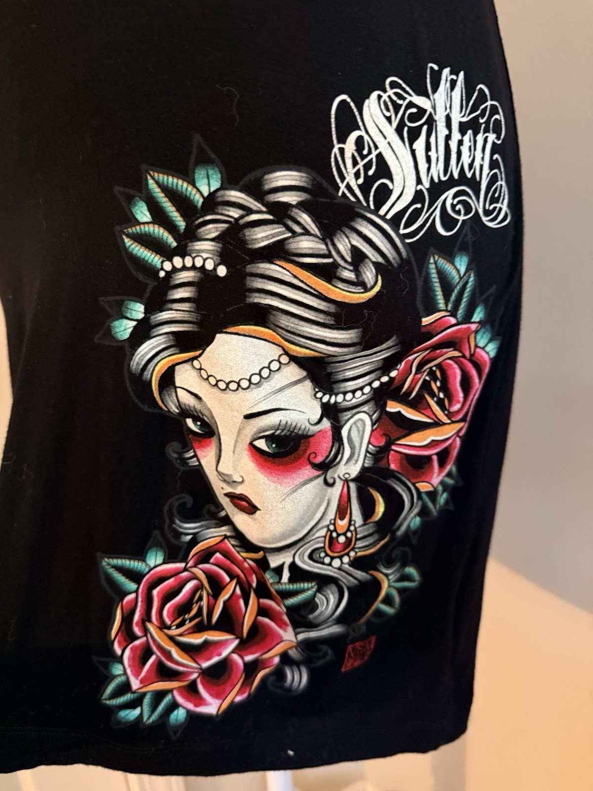 Sullen Angels Black Bodycon Dress M Backless Lace Skull Print. Tattoo. Pinup.