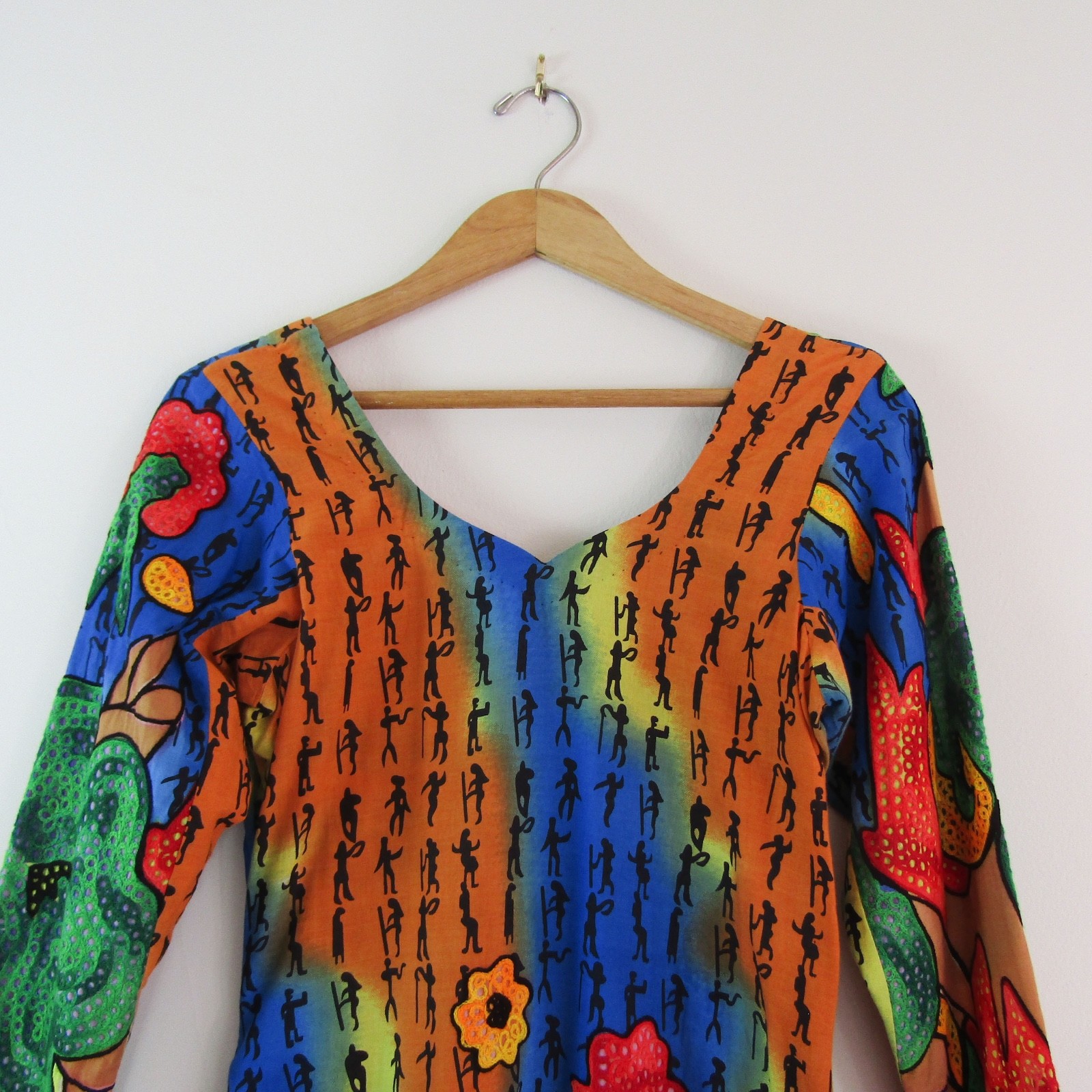 Vtg RAINBOW EMBROIDERED CAFTAN Egypt ethnic robe dress PSYCHEDELIC HIPPIE SARI M