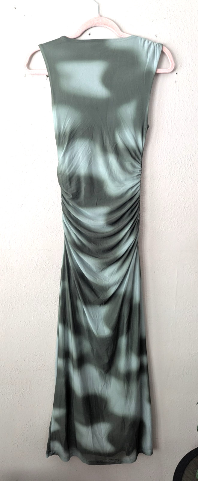 Madden Girl Bodycon Ruched Side Mesh Maxi Dress Green Lined Fitted Sz Small NWT