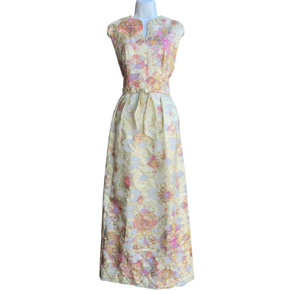 Vtg 60s 70s ALICE OF CALIFORNIA Metallic Brocade Maxi Evening Dress Gown Size S