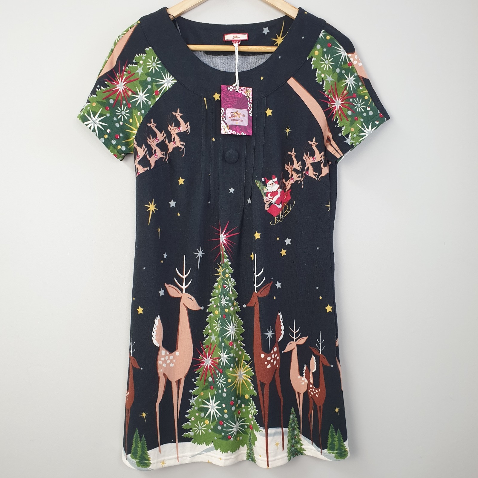 Joe Browns Dress Womens UK 12 Black Santas On His Way Reindeer Christmas Novelty