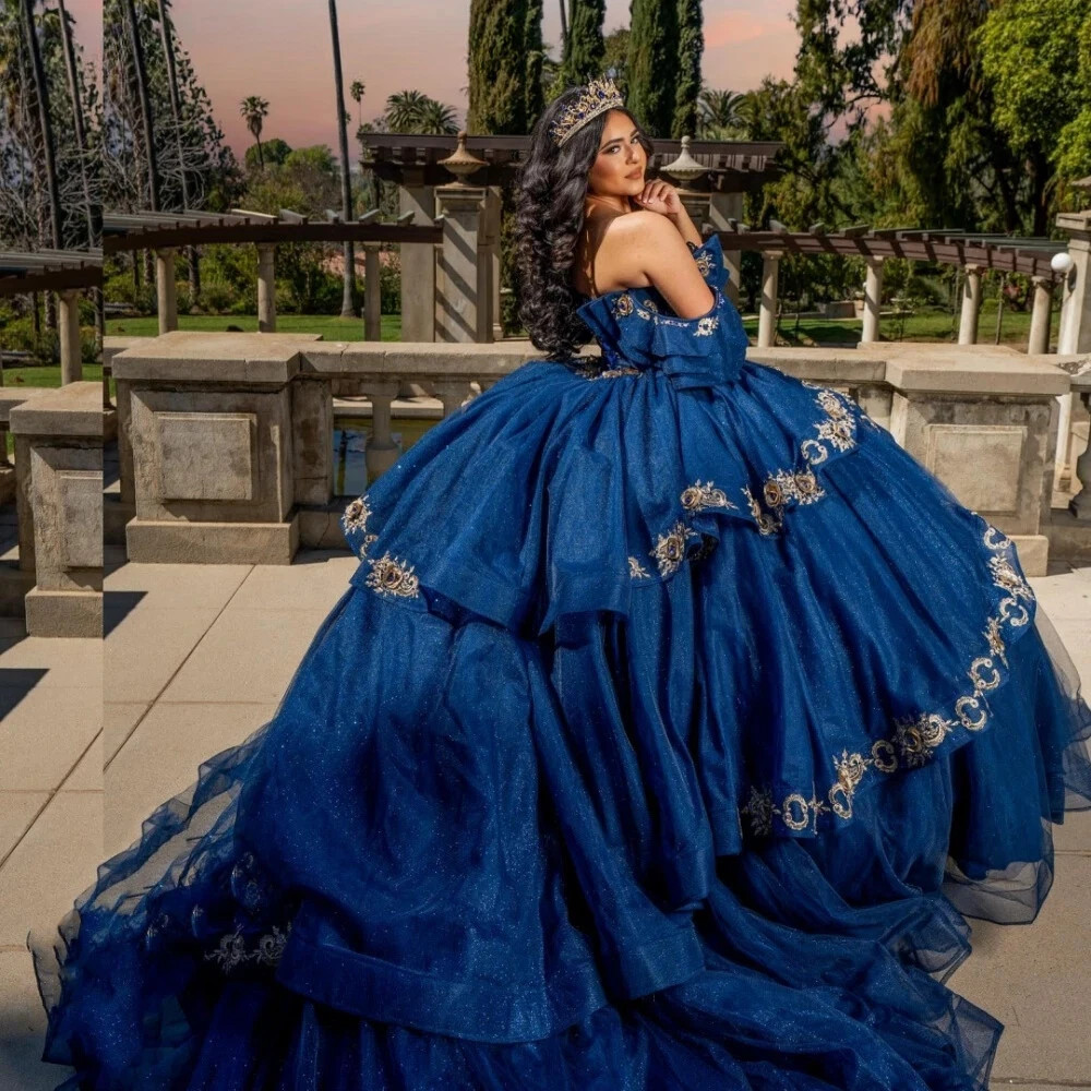 Navy Blue Princess Quinceanera Dresses Gold Applique Tiered Ball Gowns Sweet 16
