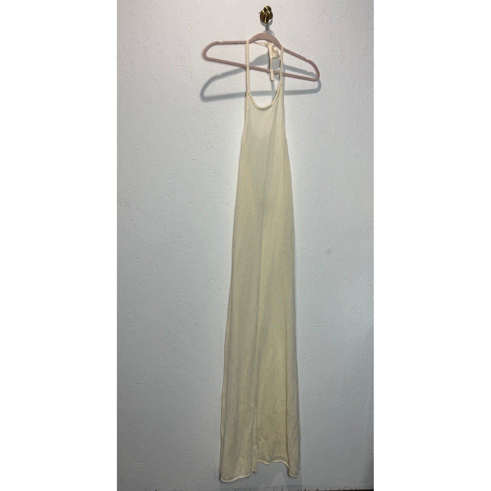 Monday Swimwear Crochet Maxi Dress Ivory Halter Low Back Cotton Knit MB4055 L