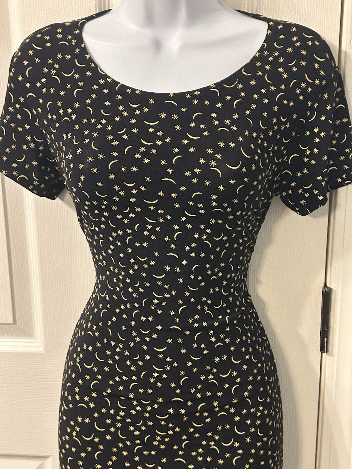 90s Y2K Goth Grunge Black Yellow Mini Dress Stars Moon Slinky Romantic Whimsy