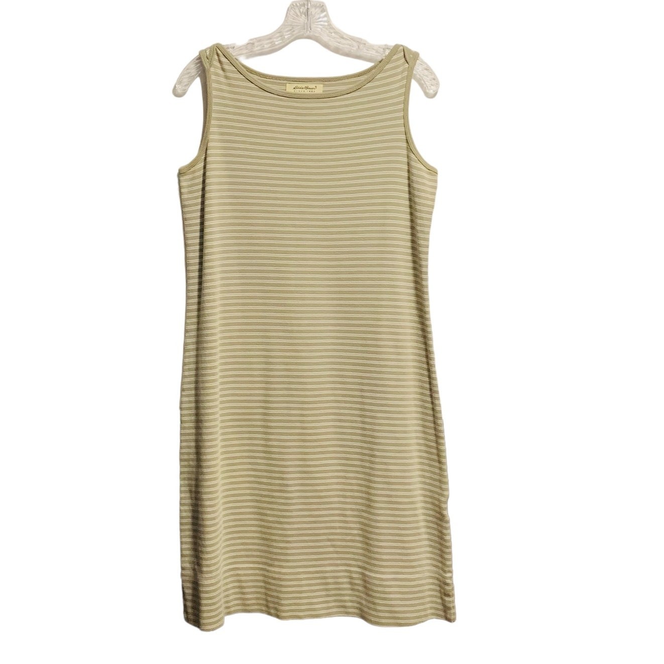 Eddie Bauer Tank T-Shirt Dress Petite M 100% Cotton Mini-Stripe Khaki Tan PM