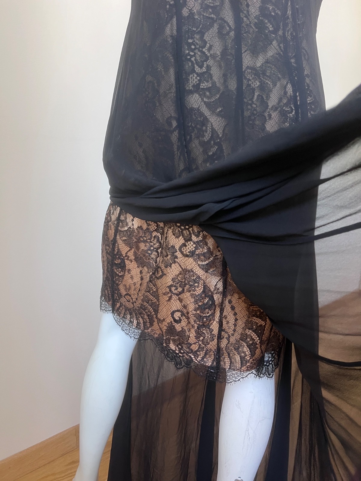 Vintage Silk Maxi Escada One Shoulder Gown with Lace underdress sz L