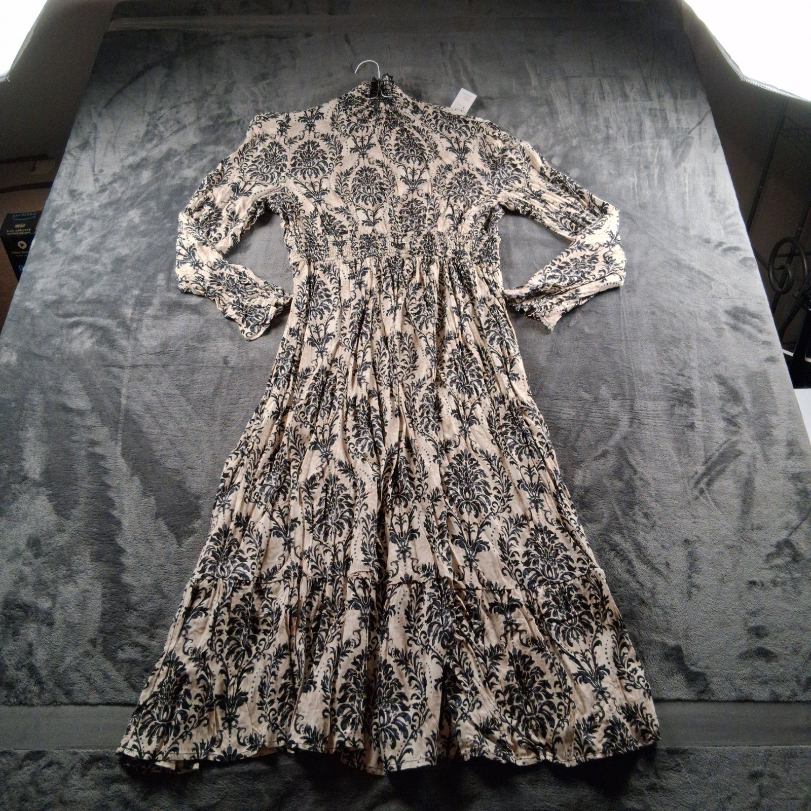 NWT Cupshe Maxi Dress Cream Black Damask Smocked High Neck Tiered DAA05A4H001AC