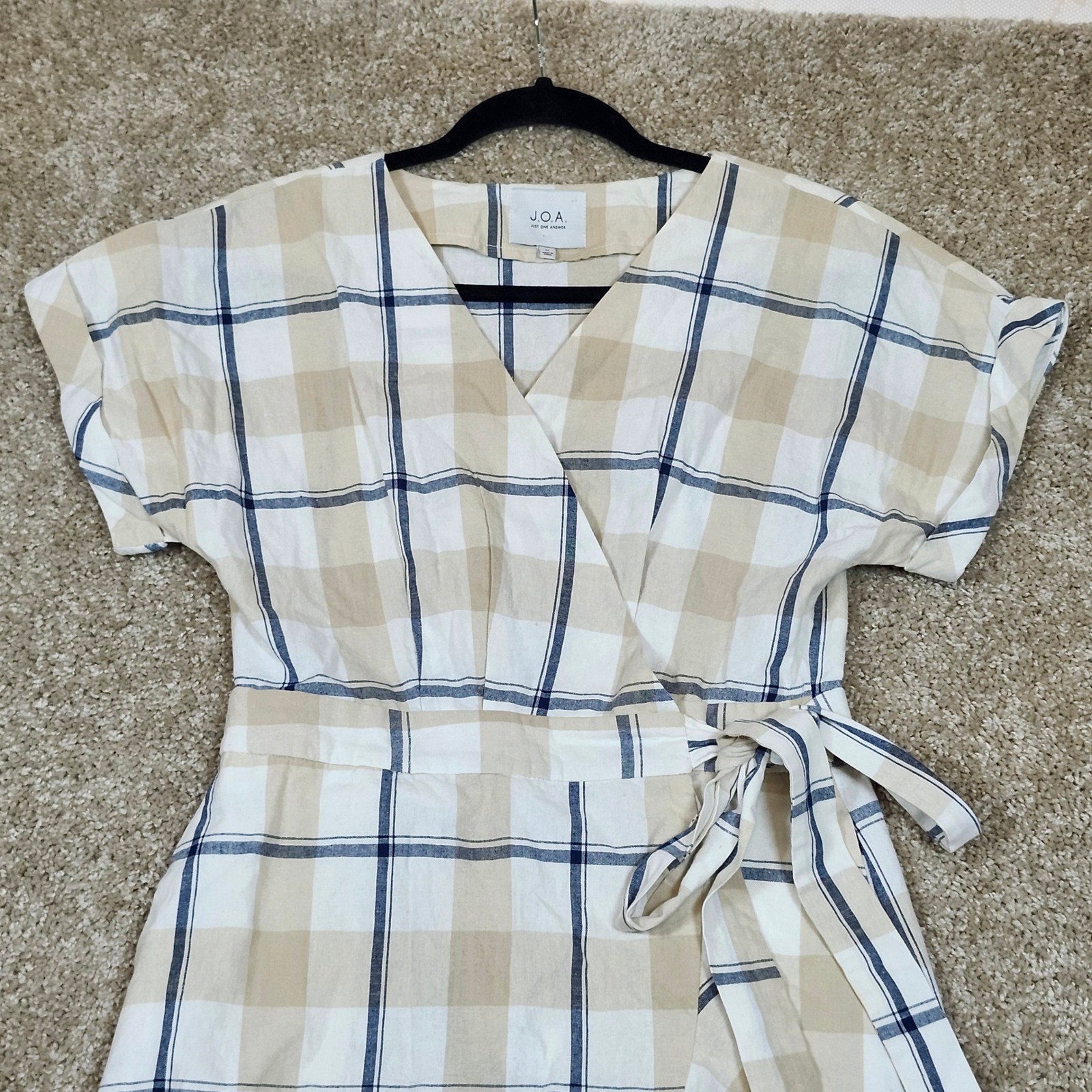 JOA Wrap Dress Tan Navy Blue Plaid Ruffle Hem Preppy Size M