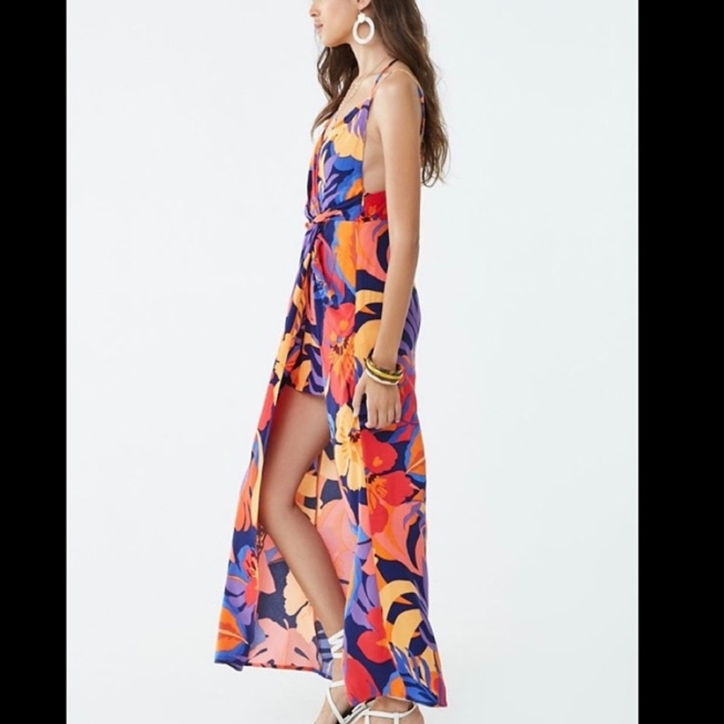 Forever 21 Contemporary Tropical Floral Maxi Mini Dress Side Slit Open Back XS