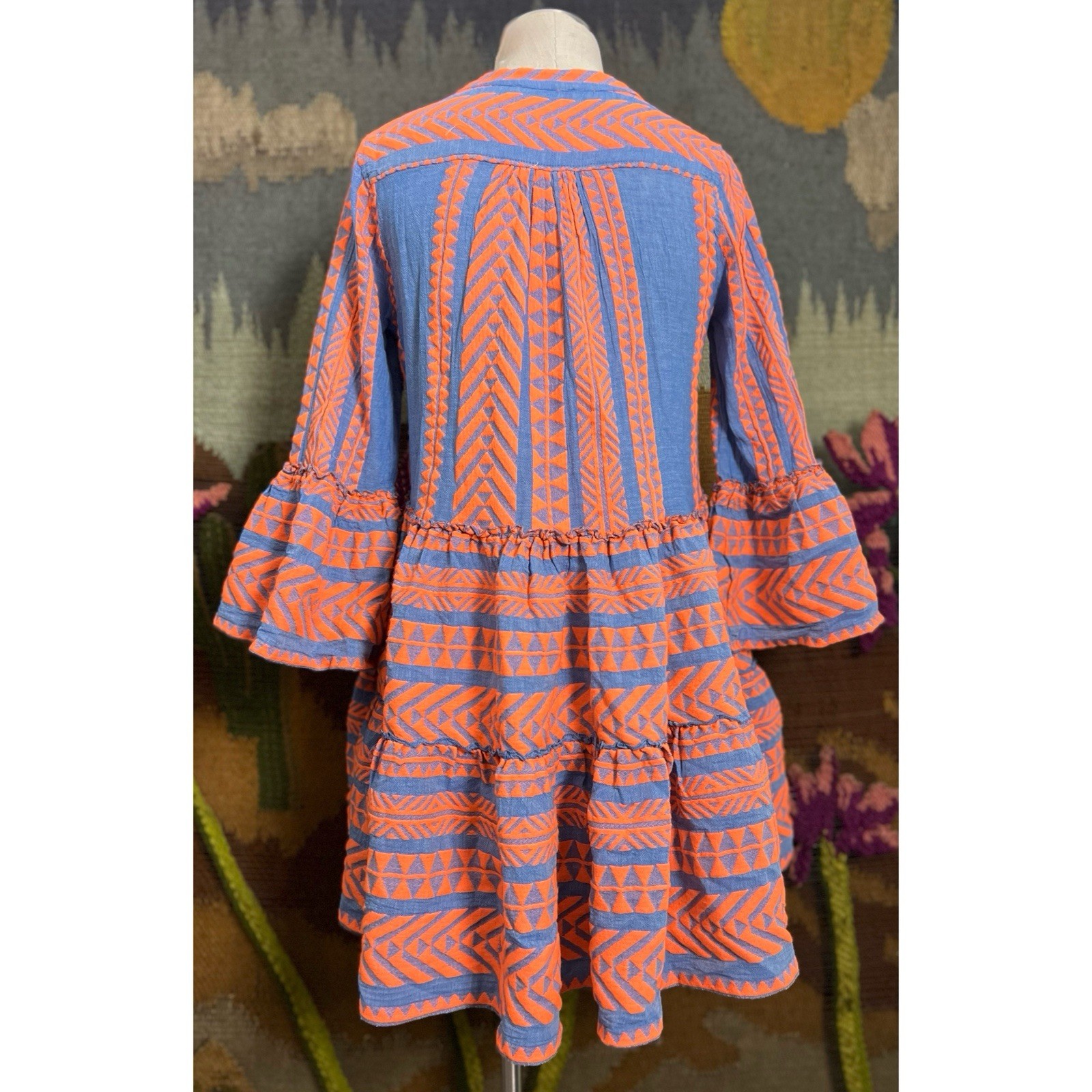 Devotion Twins Embroidered Orange Chambray Blue Embroidered Mini Dress XS