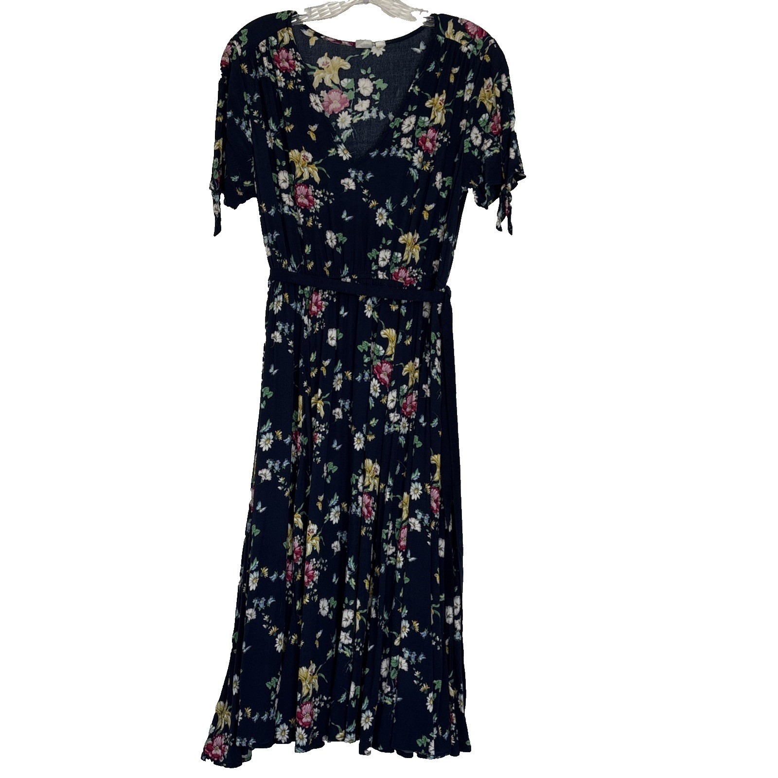 GAP Womens Navy Floral Butterfly V-Neck Midi Dress Short Sleeve Tie Detail M