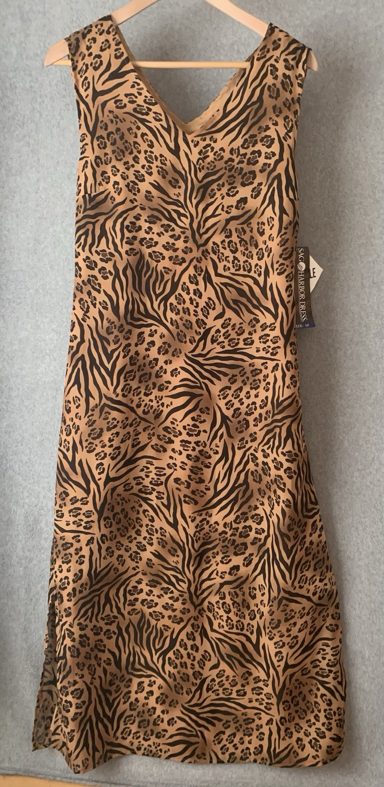 NWT Sag Harbor Animal Print Sleeveless Dress Sz 10 Lined Brown Cat Print Maxi