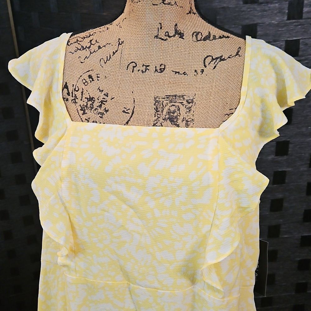 NWT BCBG Paris Yellow & White Ruffle Sleeveless Midi Dress XL 14-16