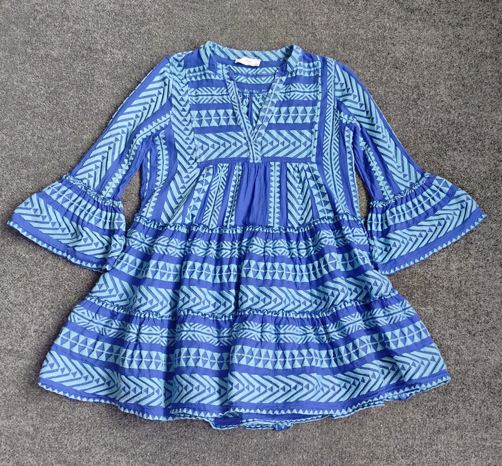 Devotion Twins Ella Dress Geometric Embroidered Blue Mini Small Excellent!