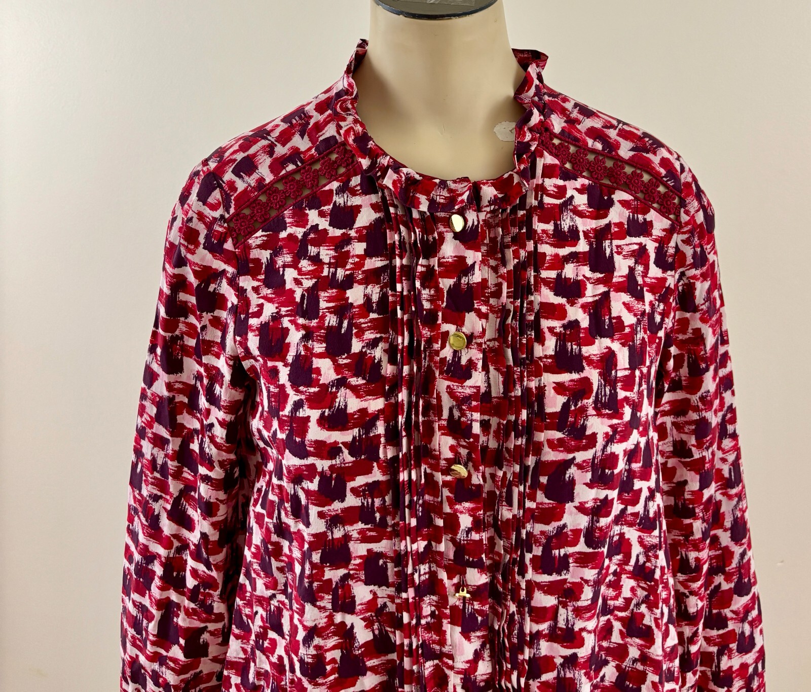 KATE SPADE Women XS Red Abstract Pintuck 100% Silk Floral Lace Long Sleeve Dress