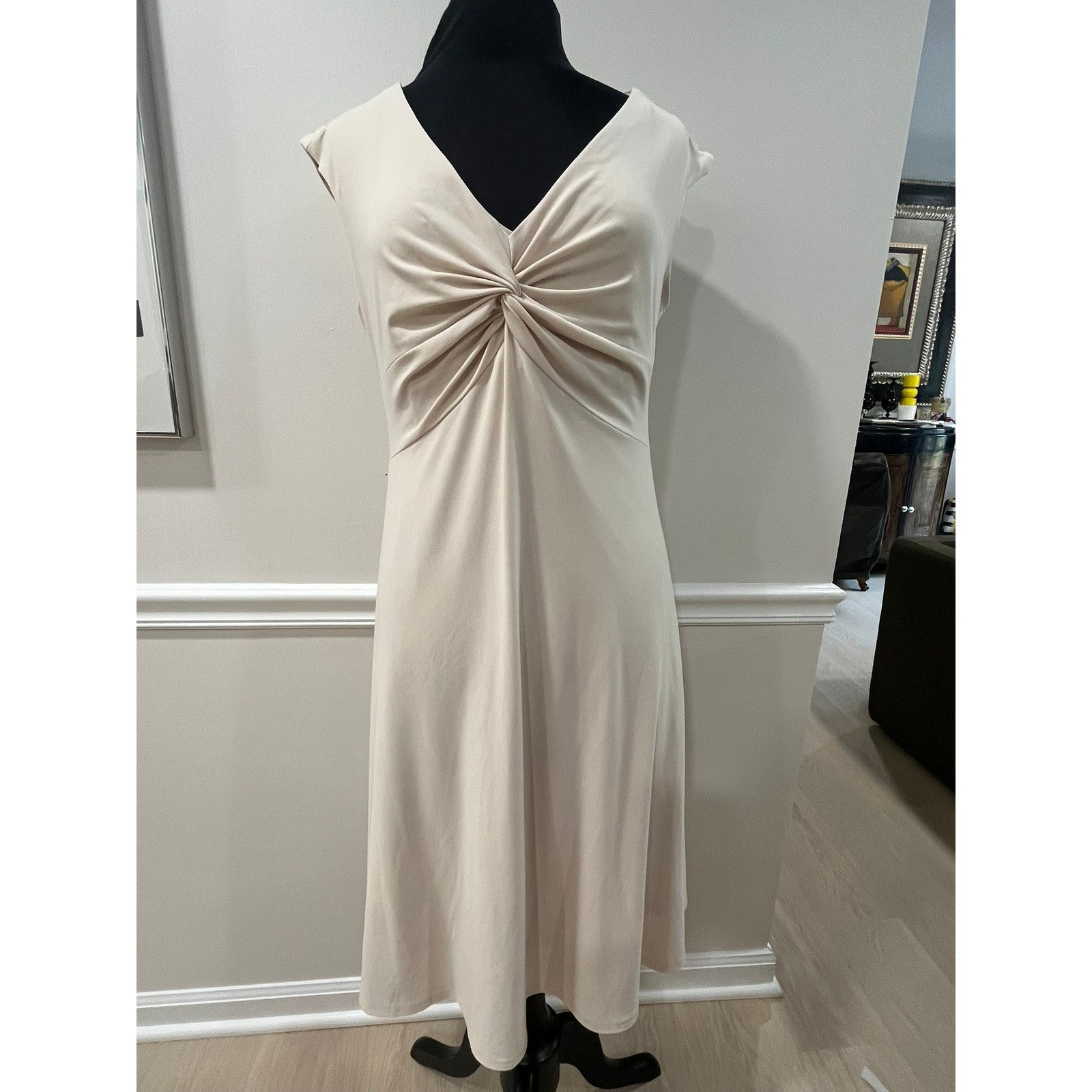 Joseph Ribkoff Beige Twist Front V-Neck Sleeveless Midi Dress 80593 Size 14