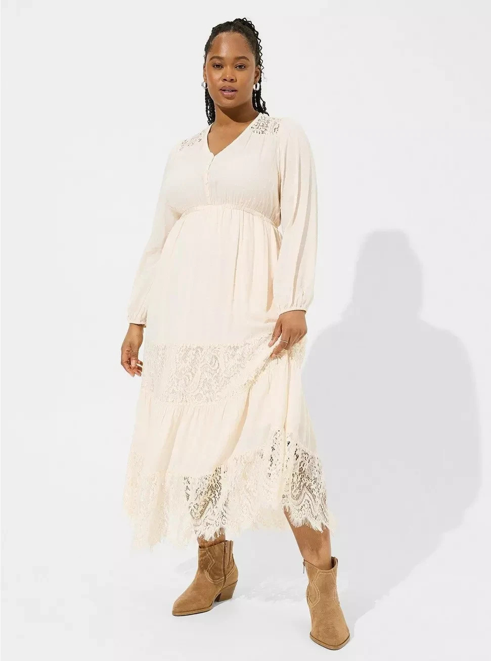 Torrid NWT Size 1X Ivory Swiss Dot Lace Contrast Tiered Maxi Boho Dress
