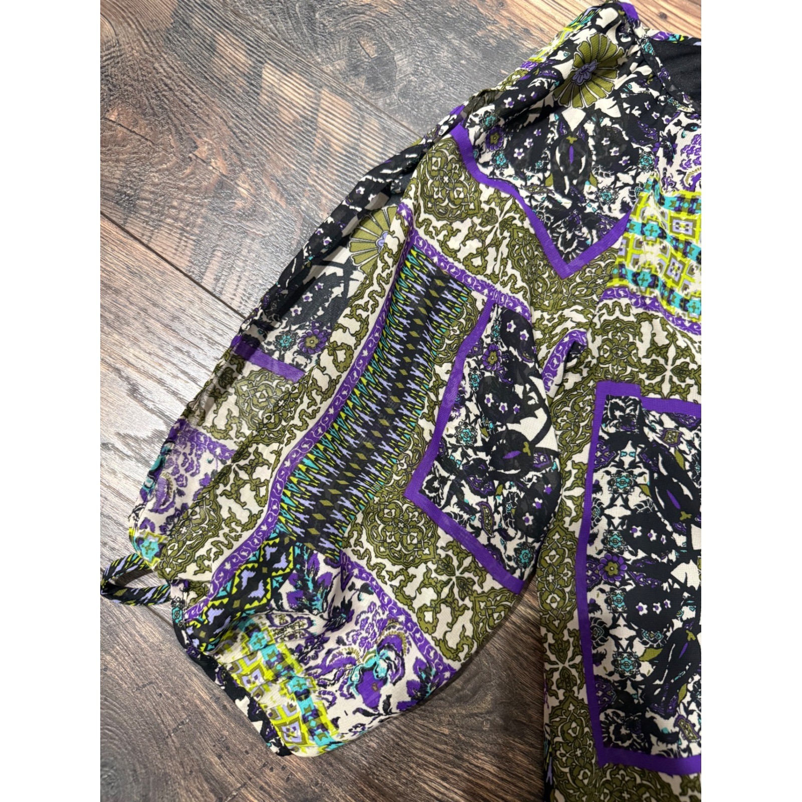Emma & Michele Boho Patchwork Shift Dress Green Purple Tassel Trim Large NWT