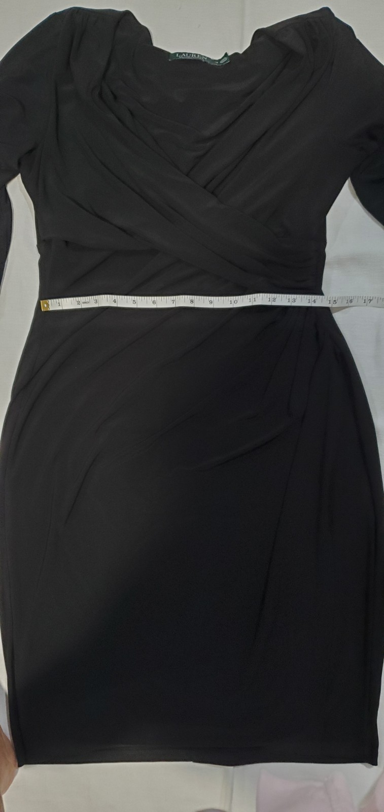 Lauren Ralph Lauren Black Sheath Long Sleeve V-Neck Ruched Dress SIZE 12