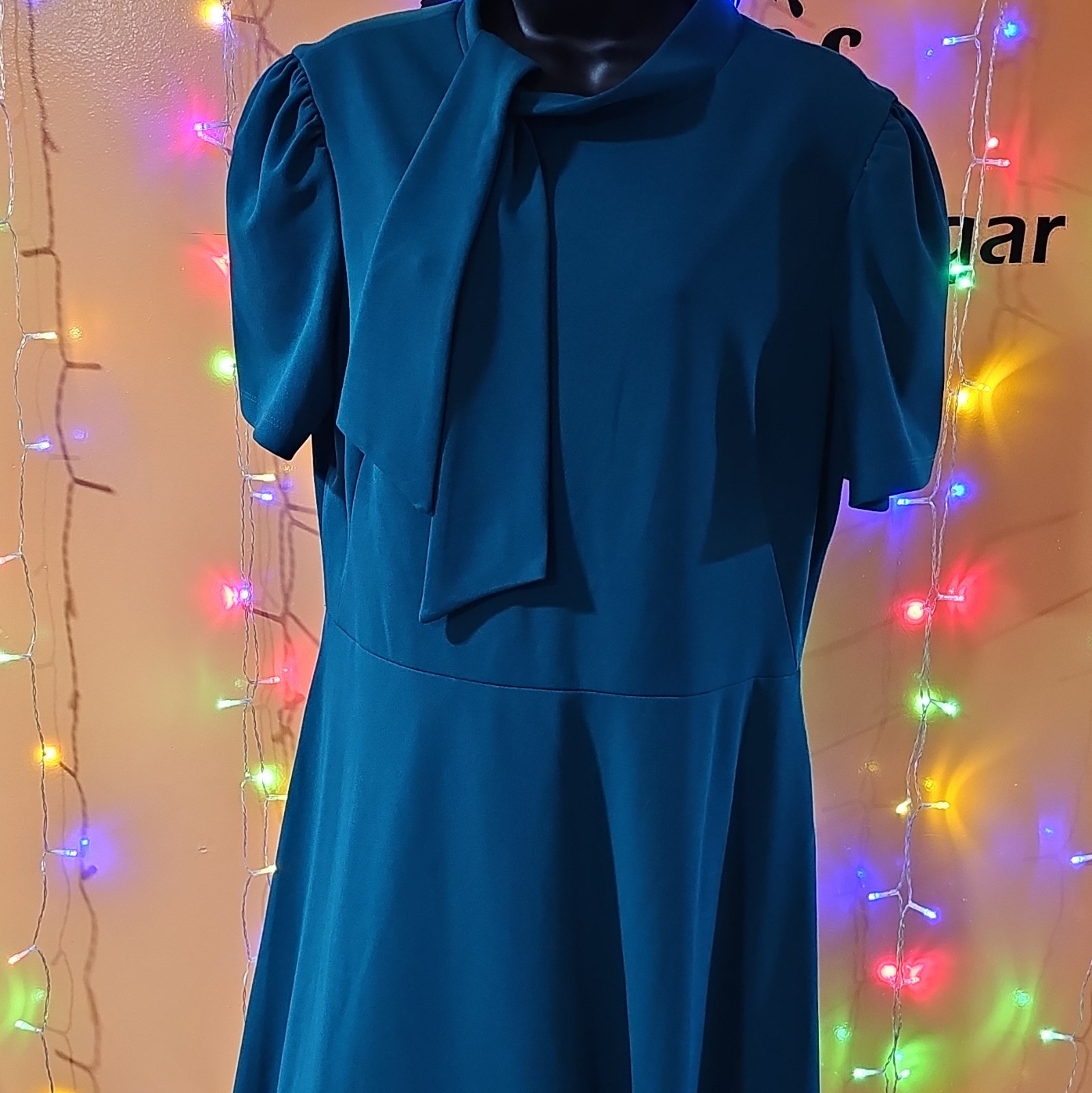 London Style Women’s Teal Crepe Bow Neck Short Sleeve Midi A-Line Dress, 16