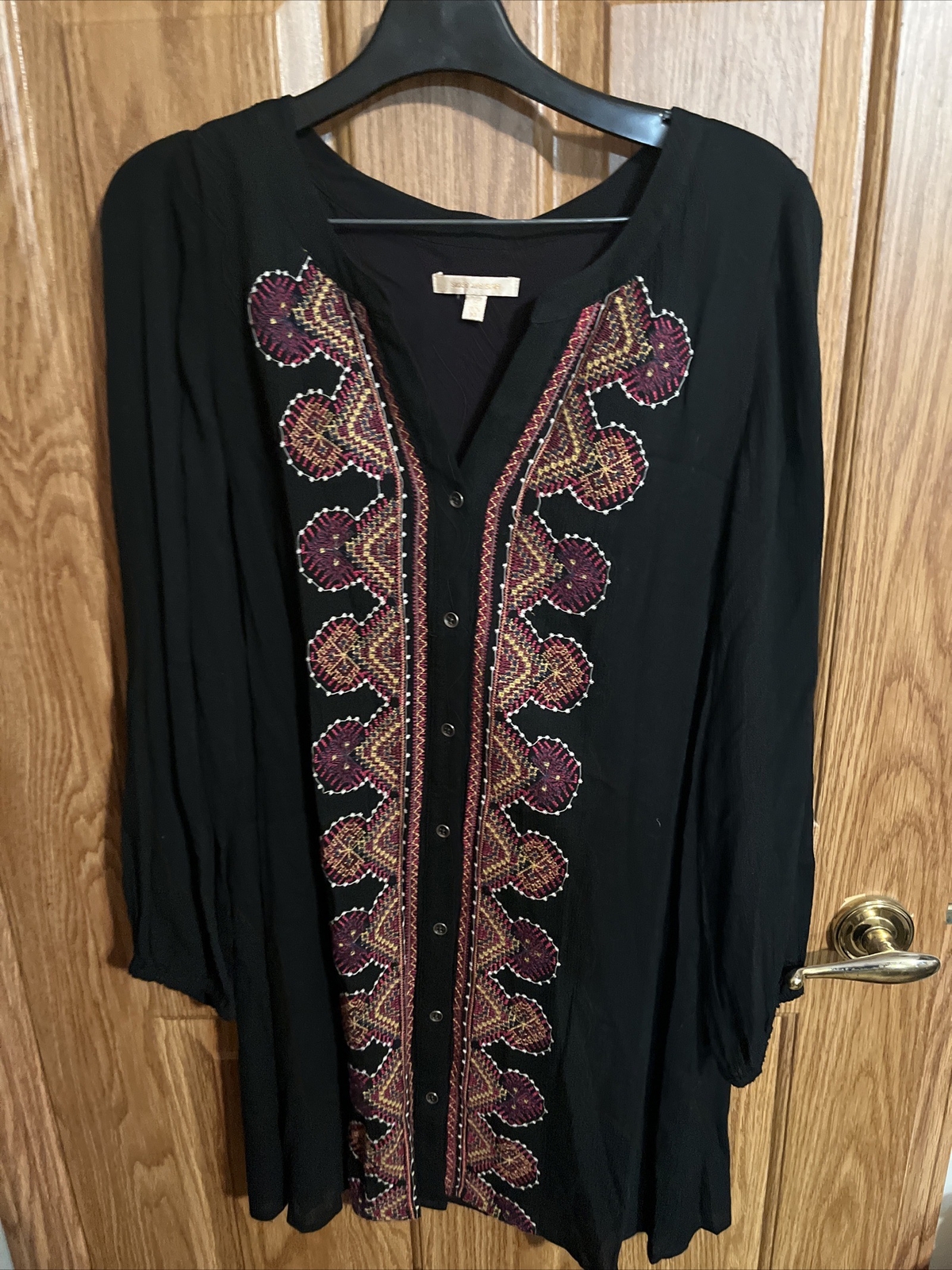 Tunic Dress Embroidered Full Button M Black V Neck Boho Hippie Festival Retro