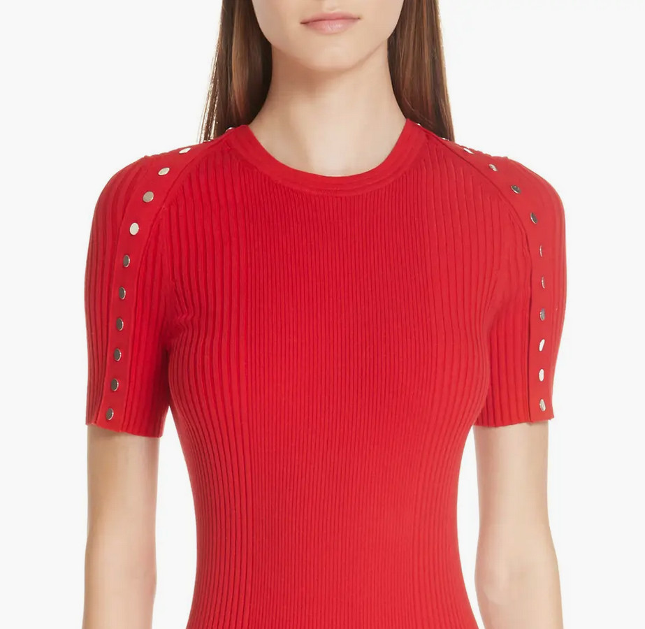 ALEXANDER WANG Snap Short Sleeve Ribbed Knit Bodycon Midi Dress, XS Red