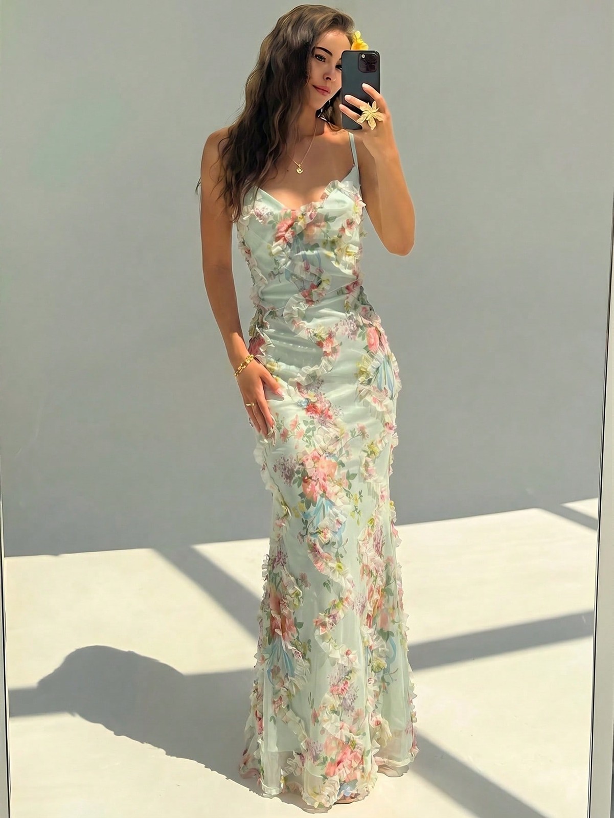 Ladies Elegant Light Yellow Ruffle Collar Maxi Dress
