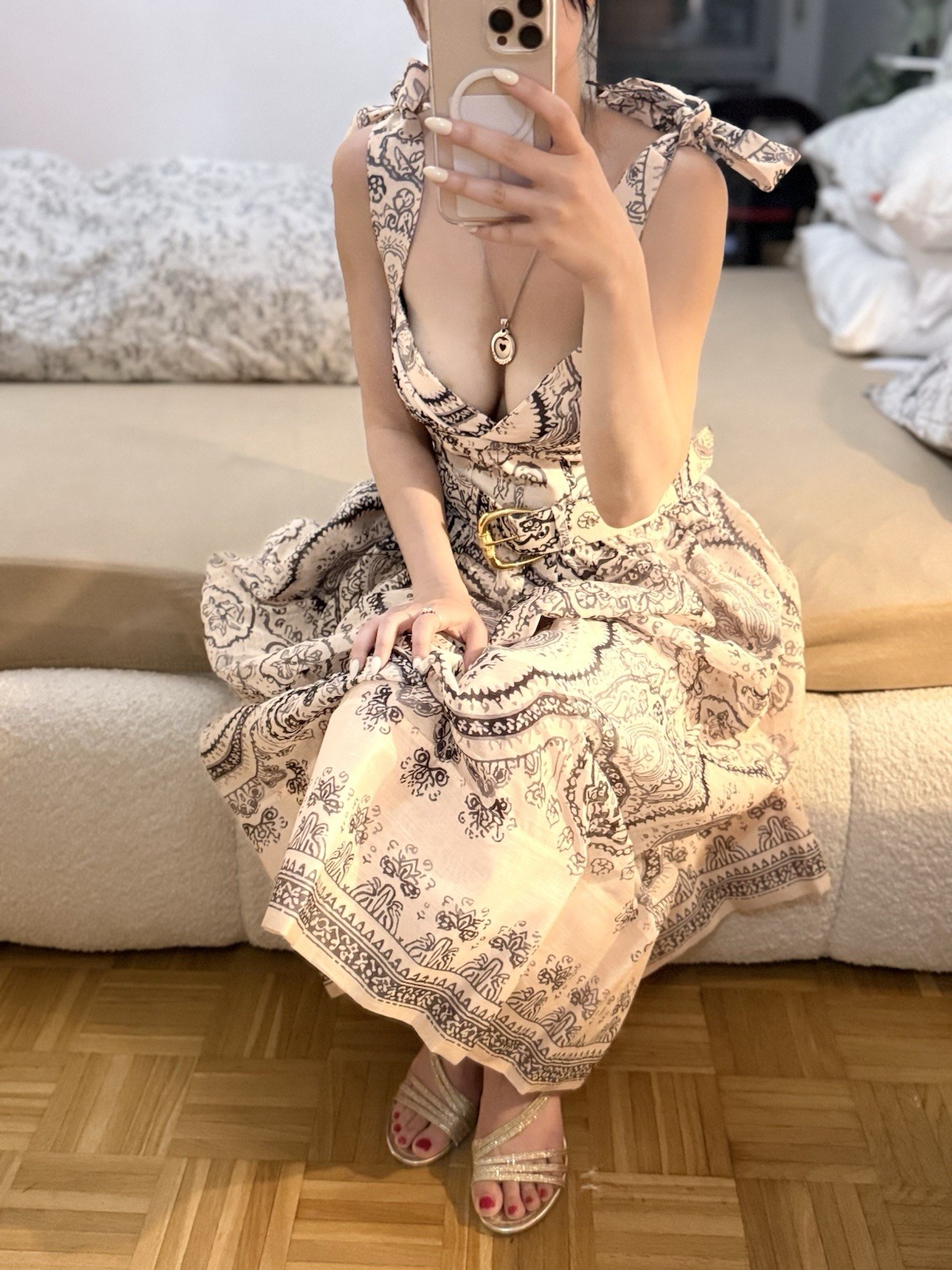 ZIMMERMANN Womens Midi Summer Dress S Beige/Black Paisley Sleeveless Belted