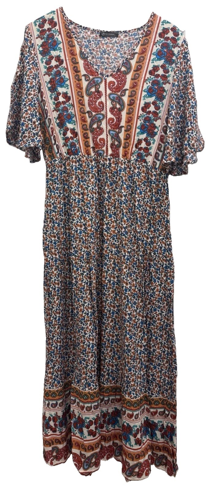 Pretty Garden Paisley Boho Style Maxi V Neck Dress
