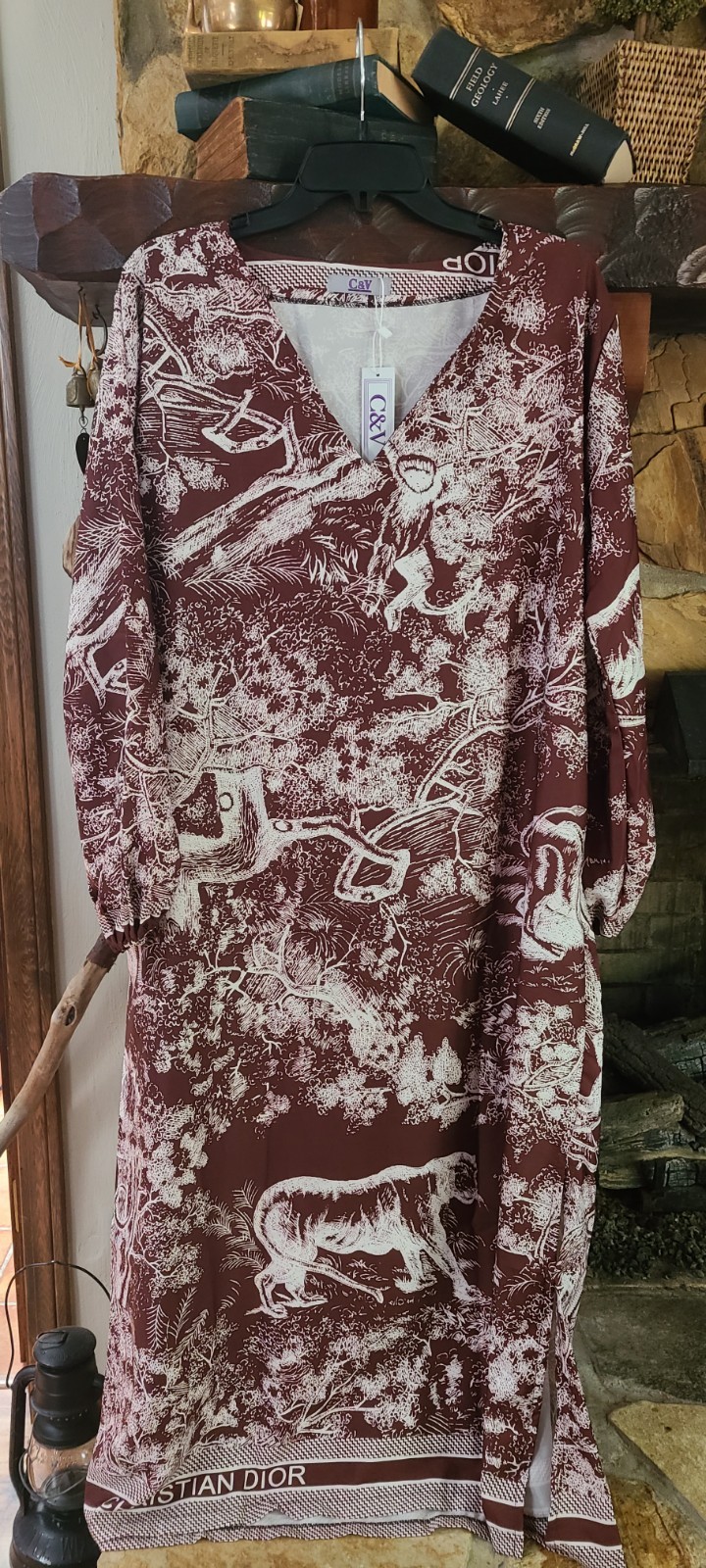 NWT Caftan Kaftan Muu Muu Animal Dior Print OS Brown Loungewear Mrs Roper Party