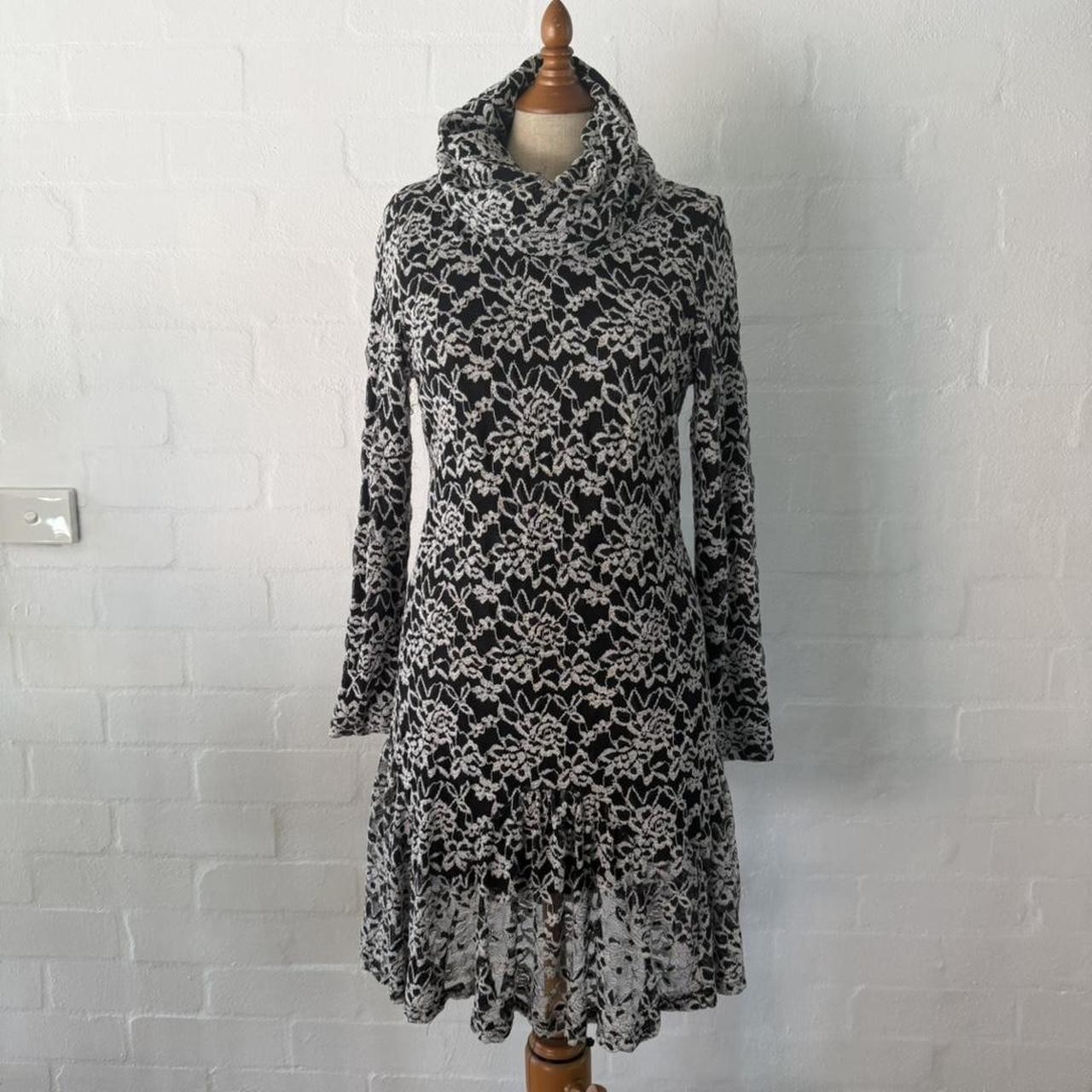 Pe:tite Black And Ivory Lace Print Cowl Neck Long Sleeve Flounce Hem Dress