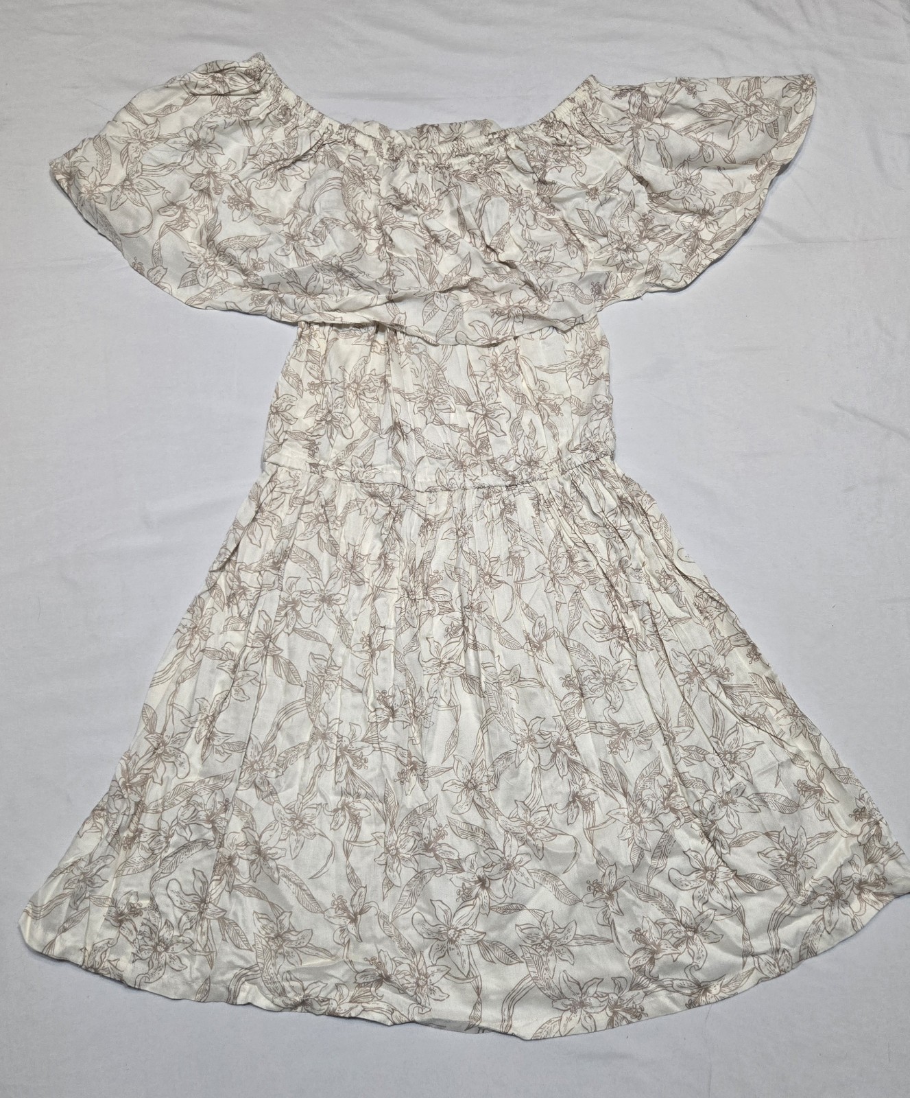 Lagaci Off The Shoulder Mini Smocked Dress Cream Print Medium Boho Feminine