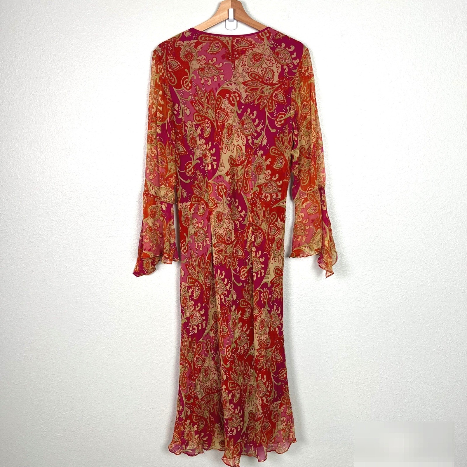 Lane Bryant Silk Paisley Sequin V-Neck Bell Sleeve Long Dress Size 16 Boho Fairy