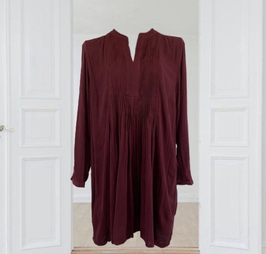 Old Navy Women’s Burgundy Solid Pleated V-Neck Shift Dress XL Long Sleeve