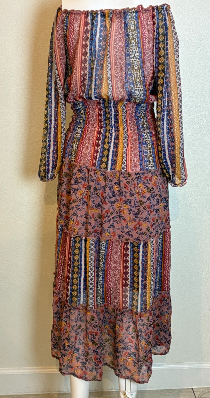 Fig & Flower Floral Tiered Patchwork Boho Smocked Maxi Dress S Cottage Peasant