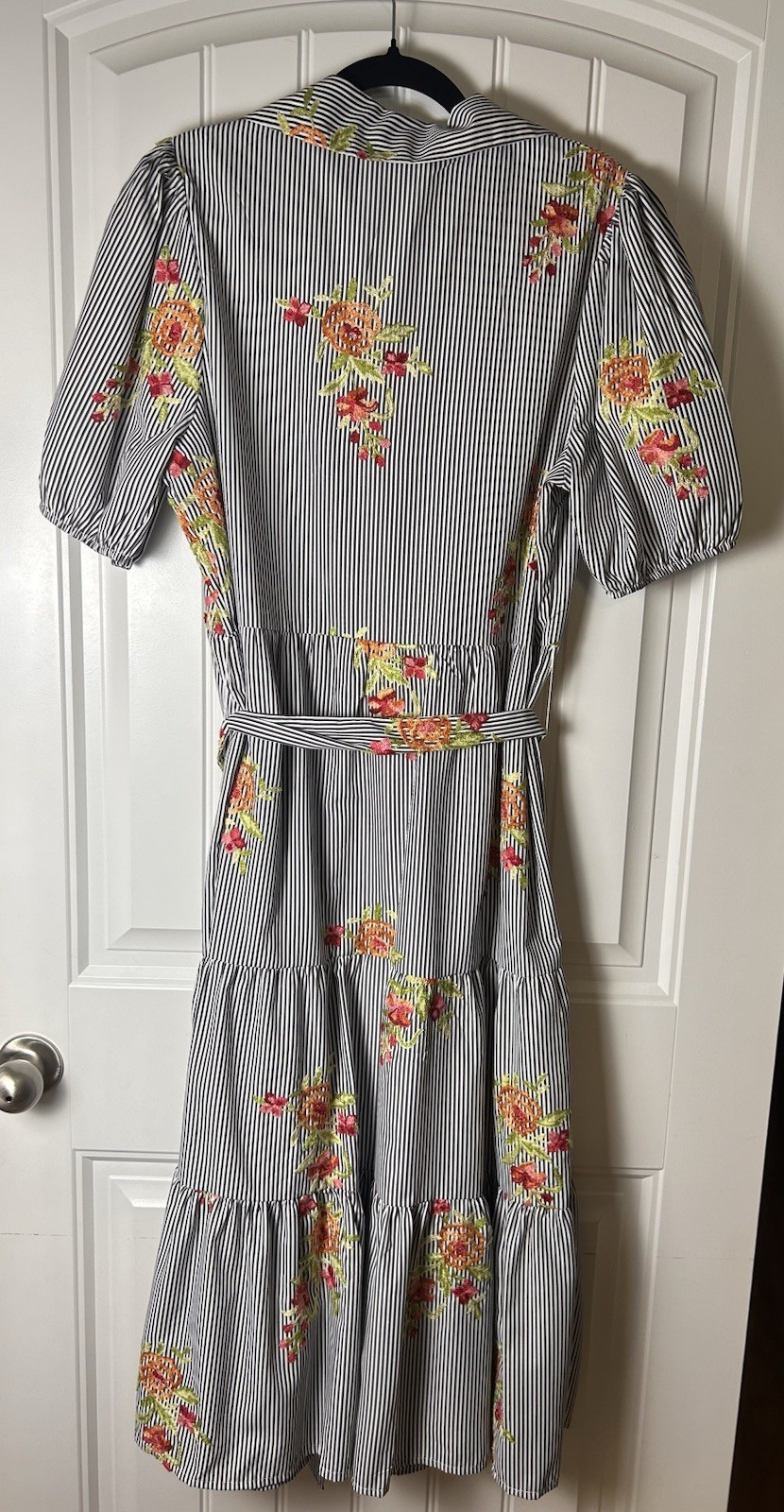 ICE Black White Striped Floral Embroidered Button Belted Midi Shirt Dress L