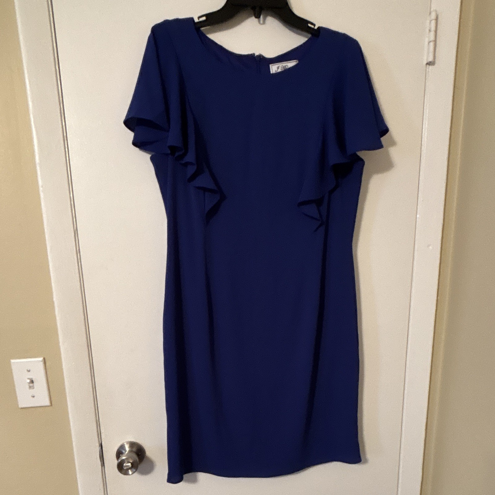 J Howard Blue Sheath Dress, Round Neck, Flutter Sleeve, Knee Length, Solid, 14